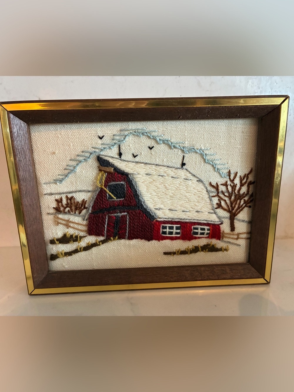 Vintage barn needlework  a red barn in snow, likely from a 1970s or 1980s